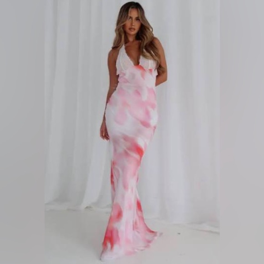 White Fox Boutique Pink & White Marble Satin Maxi Dress
